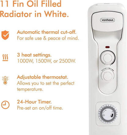 Vonhaus 220 volt 11 fin oil filled radiator heater white 2500 watts portable electric heater 220v 240 volts 2500887 - 220 - Electronics
