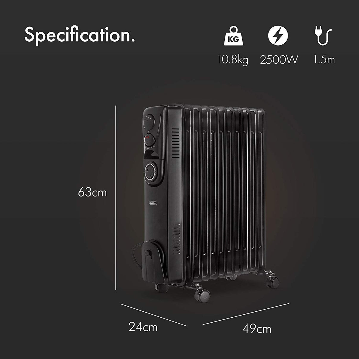 Vonhaus 220 Volt 11 Fin Oil Filled Radiator Portable Electric Heater 220v 240 volts 2500109 - 220 - Electronics