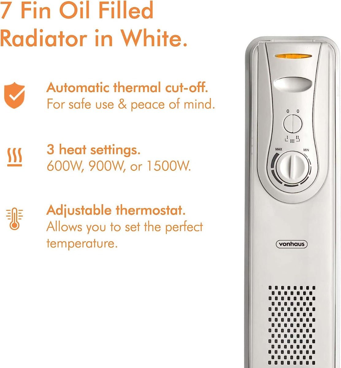 Vonhaus 220 volt 7 fin oil filled radiator heater white portable electric heater 220v 240 volts 1500 watts 2514046 white - 220 - Electronics