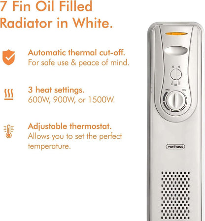Vonhaus 220 volt 7 fin oil filled radiator heater white portable electric heater 220v 240 volts 1500 watts 2514046 white - 220 - Electronics
