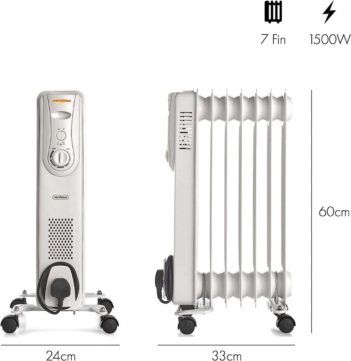 Vonhaus 220 volt 7 fin oil filled radiator heater white portable electric heater 220v 240 volts 1500 watts 2514046 white - 220 - Electronics