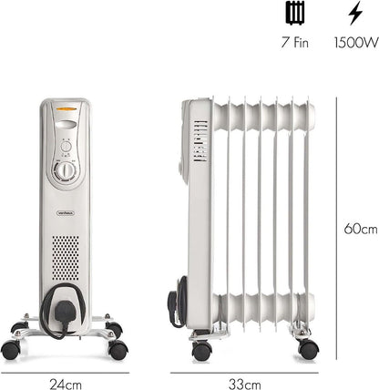 Vonhaus 220 volt 7 fin oil filled radiator heater white portable electric heater 220v 240 volts 1500 watts 2514046 white - 220 - Electronics