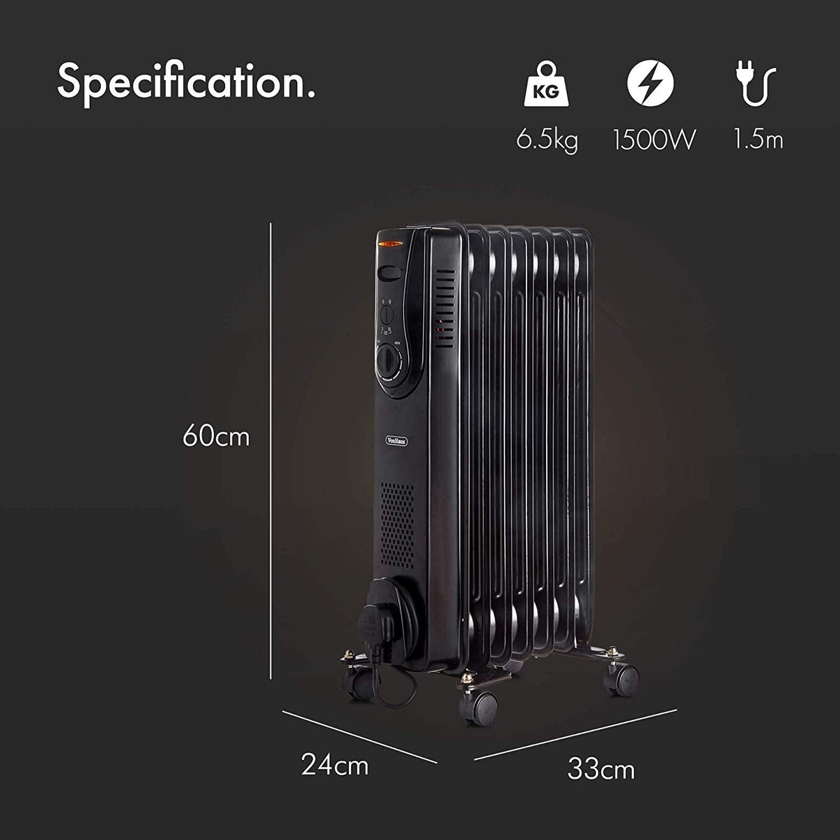 Vonhaus 220 Volt 7 Fin Oil Filled Radiator Portable Electric Heater 220v 240 volts - 1500W 2500280 - 220 - Electronics