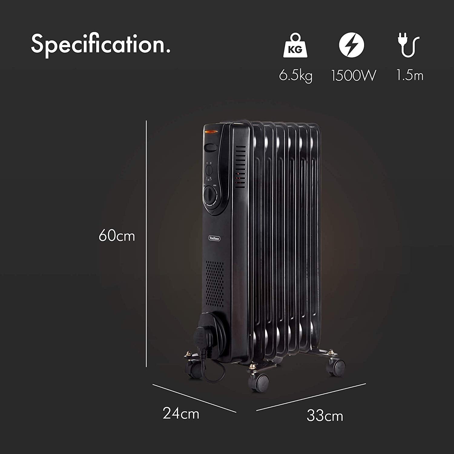 Vonhaus 220 Volt 7 Fin Oil Filled Radiator Portable Electric Heater 220v 240 volts - 1500W 2500280 - 220 - Electronics