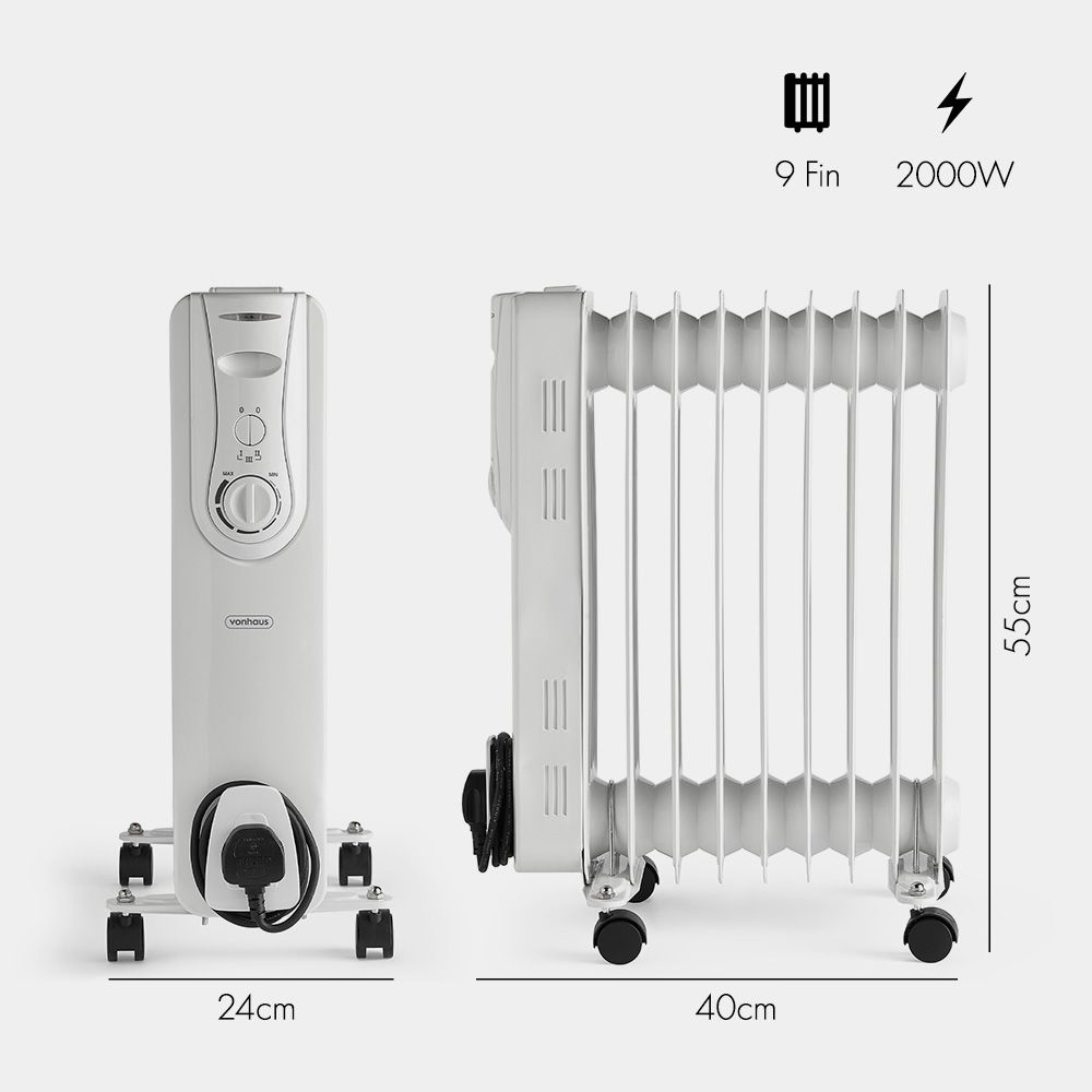 Vonhaus 220 volt 9 fin oil filled radiator heater white 2000 watts portable electric heater 220v 240 volts 2500889 - 220 - Electronics