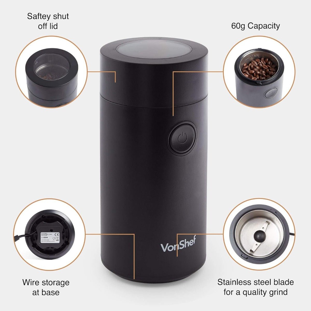 Vonhaus 220 volt coffee and spice grinder 220v 240 volt with stainless steel blade and wire storage on bottom - 220 - Electronics