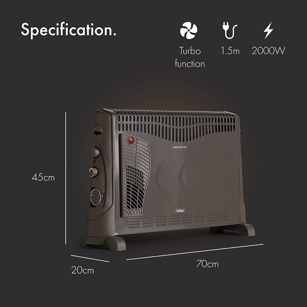 Vonhaus 220 Volt Convector Heater with timer - Black 220v 240 Volts 2500293 - 220 - Electronics
