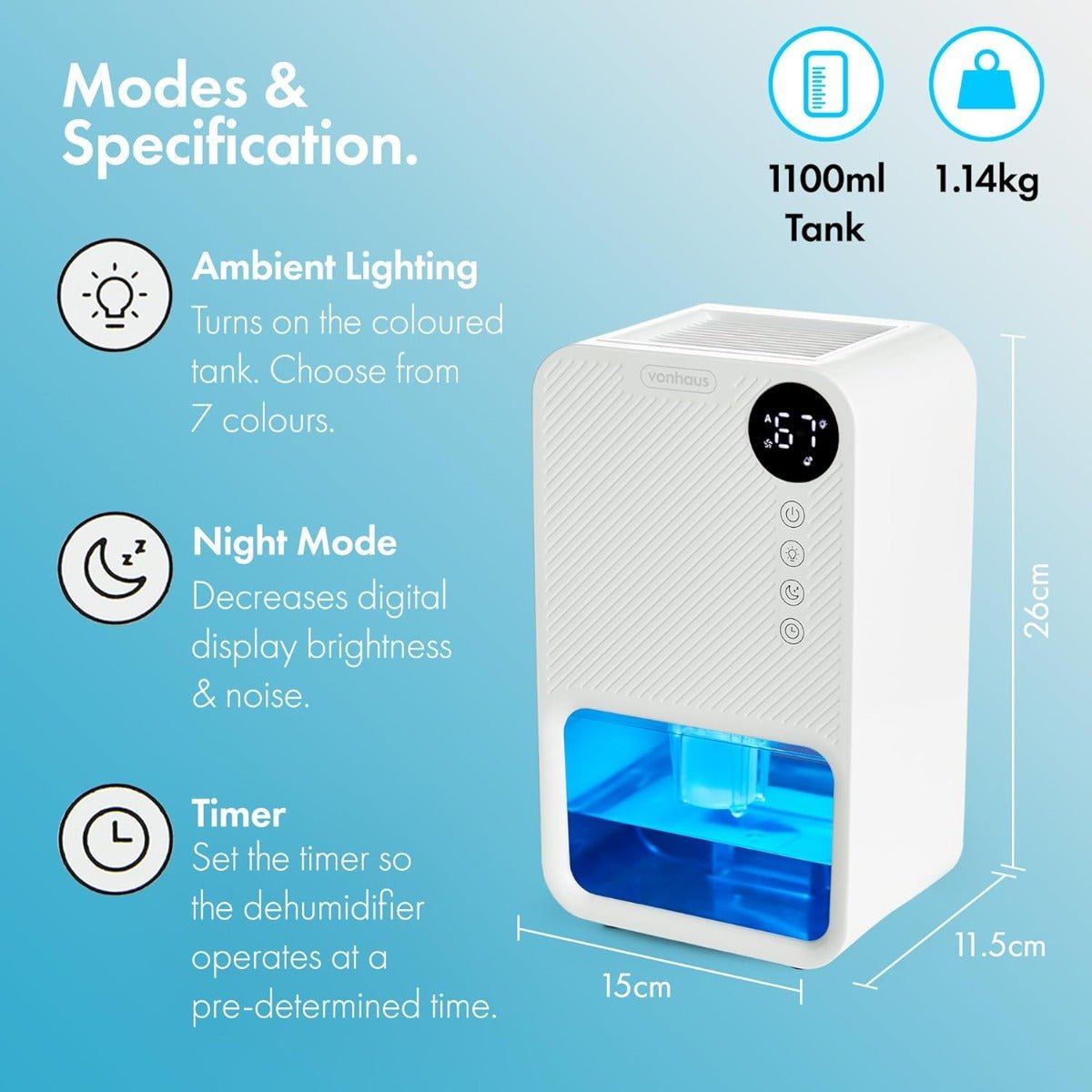 VonHaus 220 volt Dehumidifier 1100ml small portable with LED Display, 24 Hour Timer, Night Mode - 220 - Electronics