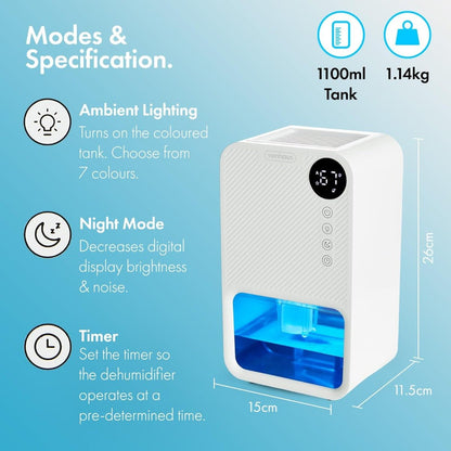 VonHaus 220 volt Dehumidifier 1100ml small portable with LED Display, 24 Hour Timer, Night Mode - 220 - Electronics