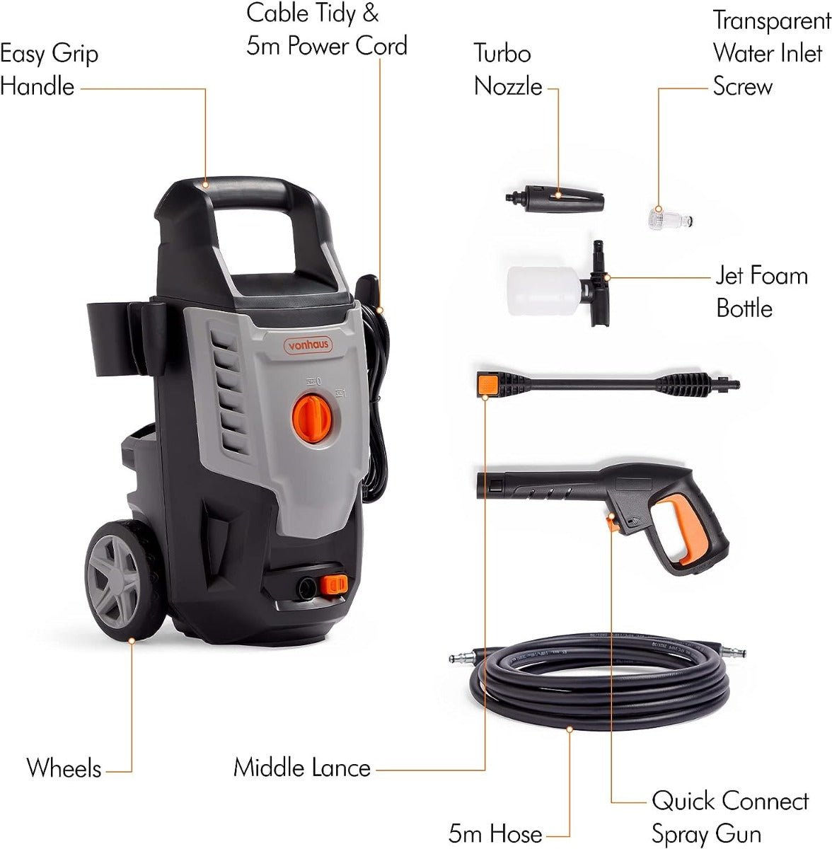 VonHaus 220 volt high pressure washer 1600w portable with accessories and attachments 130 bar pressure 220v 240 volts - 220 - Electronics