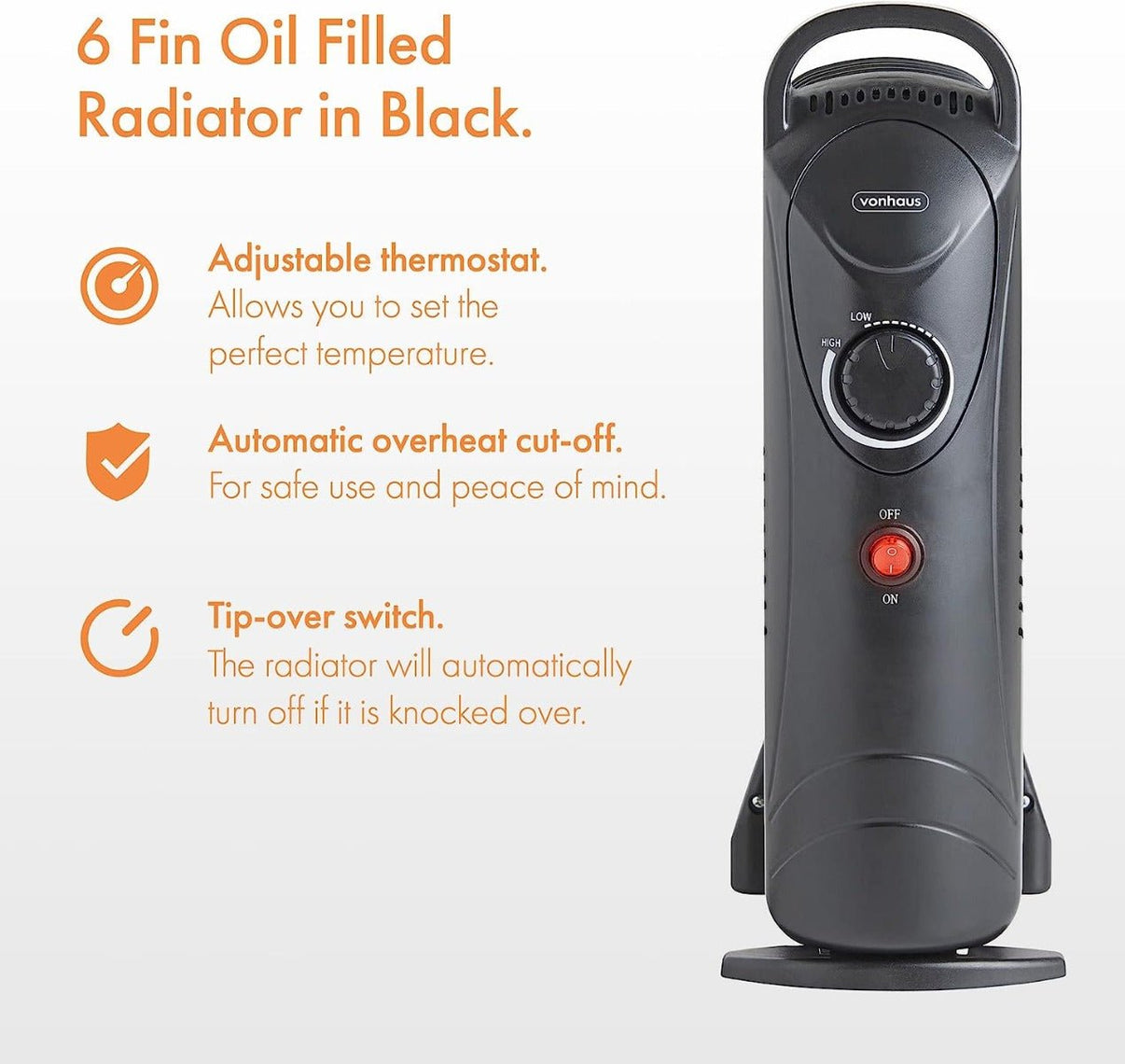 Vonhaus 220 volts 800 watts radiator oil filled heater 6 fin 220v 240 volt black 2500107 - 220 - Electronics