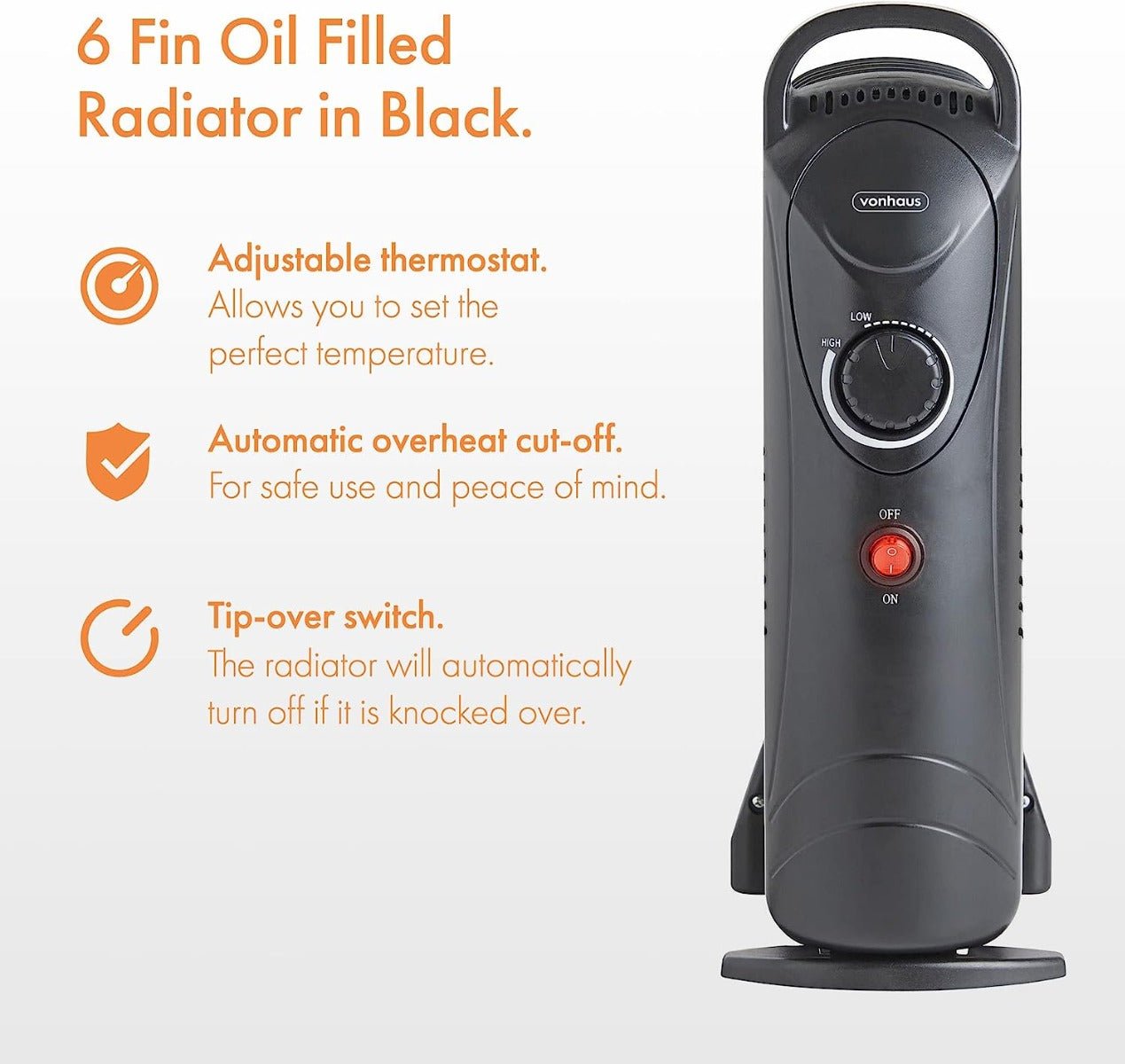 Vonhaus 220 volts 800 watts radiator oil filled heater 6 fin 220v 240 volt black 2500107 - 220 - Electronics