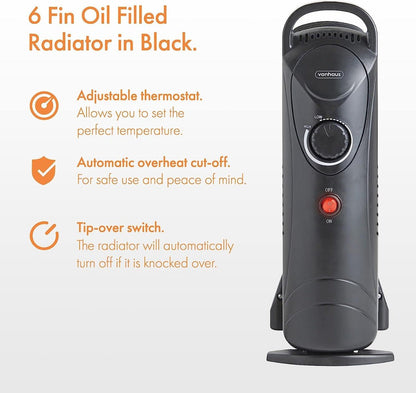 Vonhaus 220 volts 800 watts radiator oil filled heater 6 fin 220v 240 volt black 2500107 - 220 - Electronics