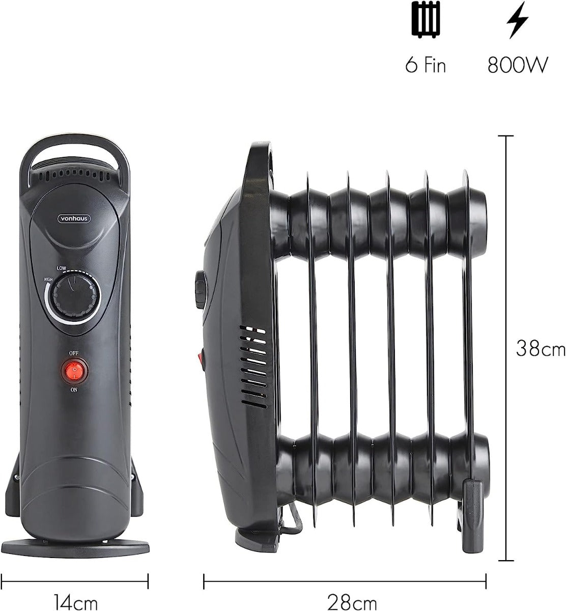 Vonhaus 220 volts 800 watts radiator oil filled heater 6 fin 220v 240 volt black 2500107 - 220 - Electronics