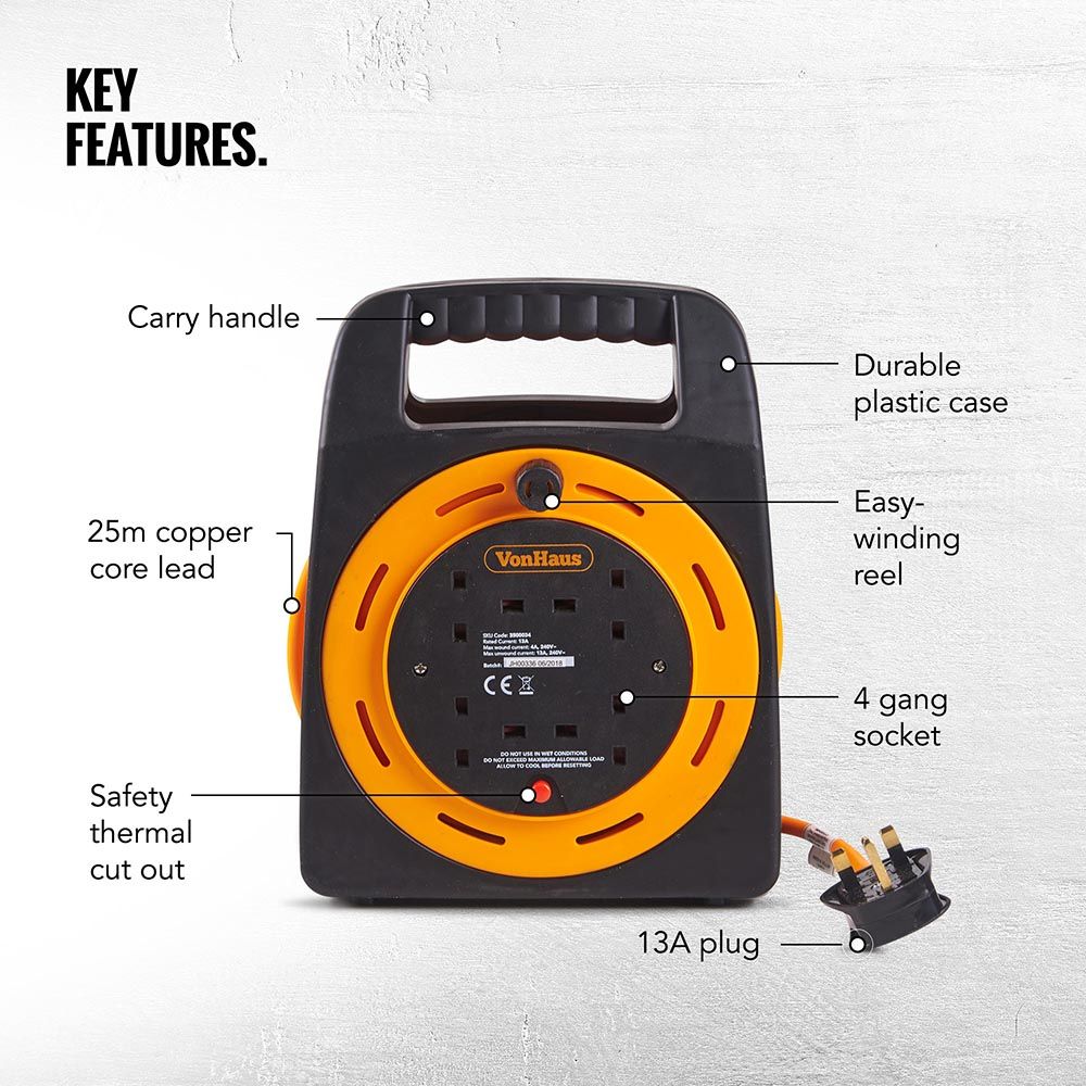 Vonhaus 220 volts extension cord reel cable 220v 240 volts euro with 4 outlets with overheat protection thermal cut off - 220 - Electronics