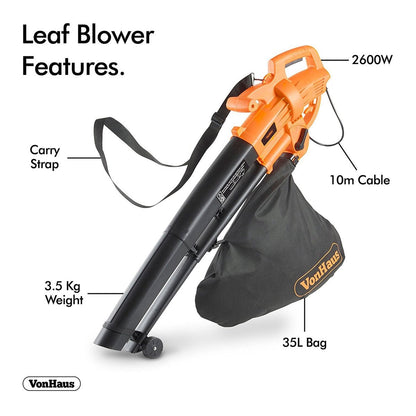 Vonhaus 2600W 3 - in - 1 Leaf Blower, Vacuum, & Mulcher for 220/240 Volts - 220 - Electronics