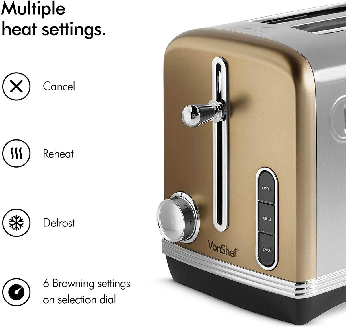 Vonshef 2 Slice Champagne Toaster 2000050 Side Slot 220v 240 volts Toaster - 220 - Electronics