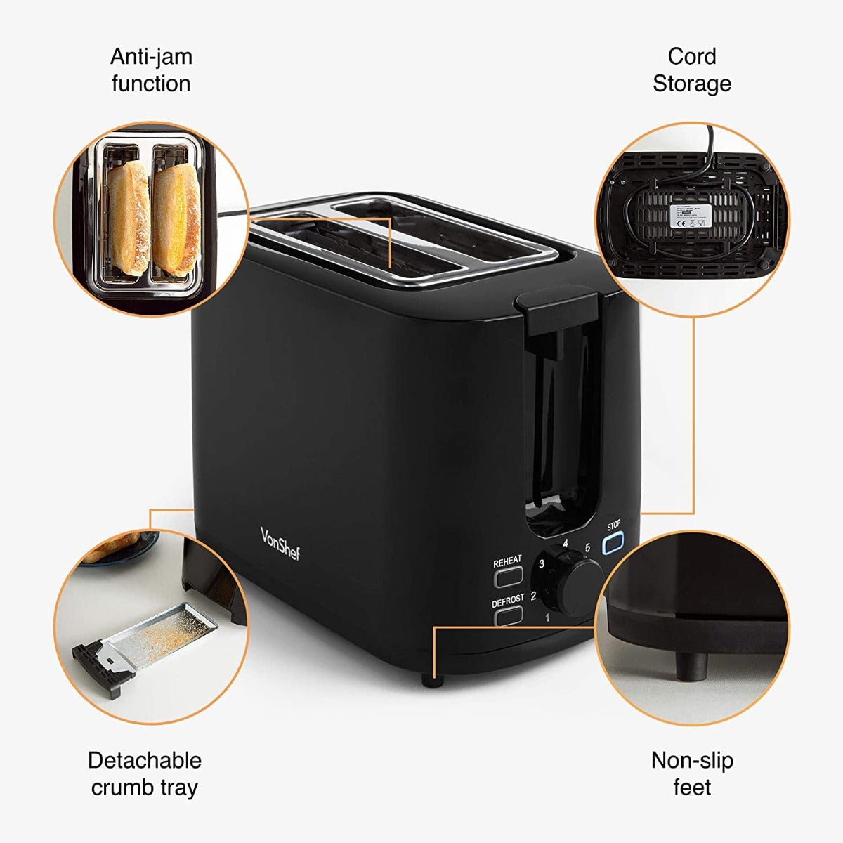 VonShef 220 volt 2 Slice Black Toaster 2000133 220v 240 volts 50 hz - 220 - Electronics