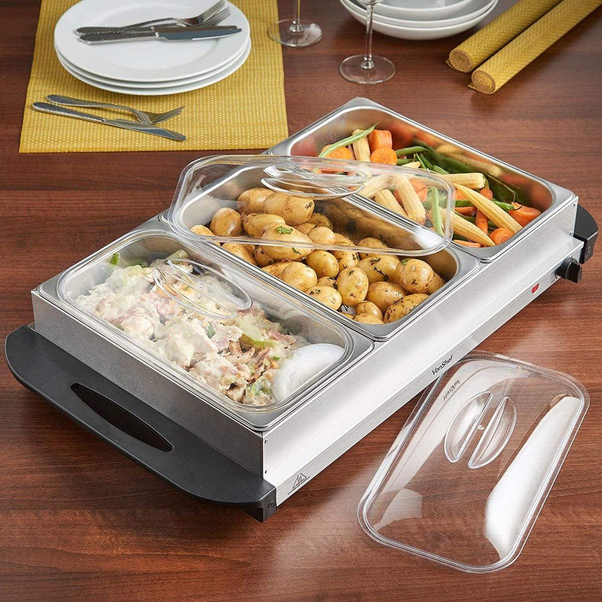 Vonshef 220 volt 3 pan buffet server warming pan buffet electric chafing dish 2013321 220v 240 volts - 220 - Electronics