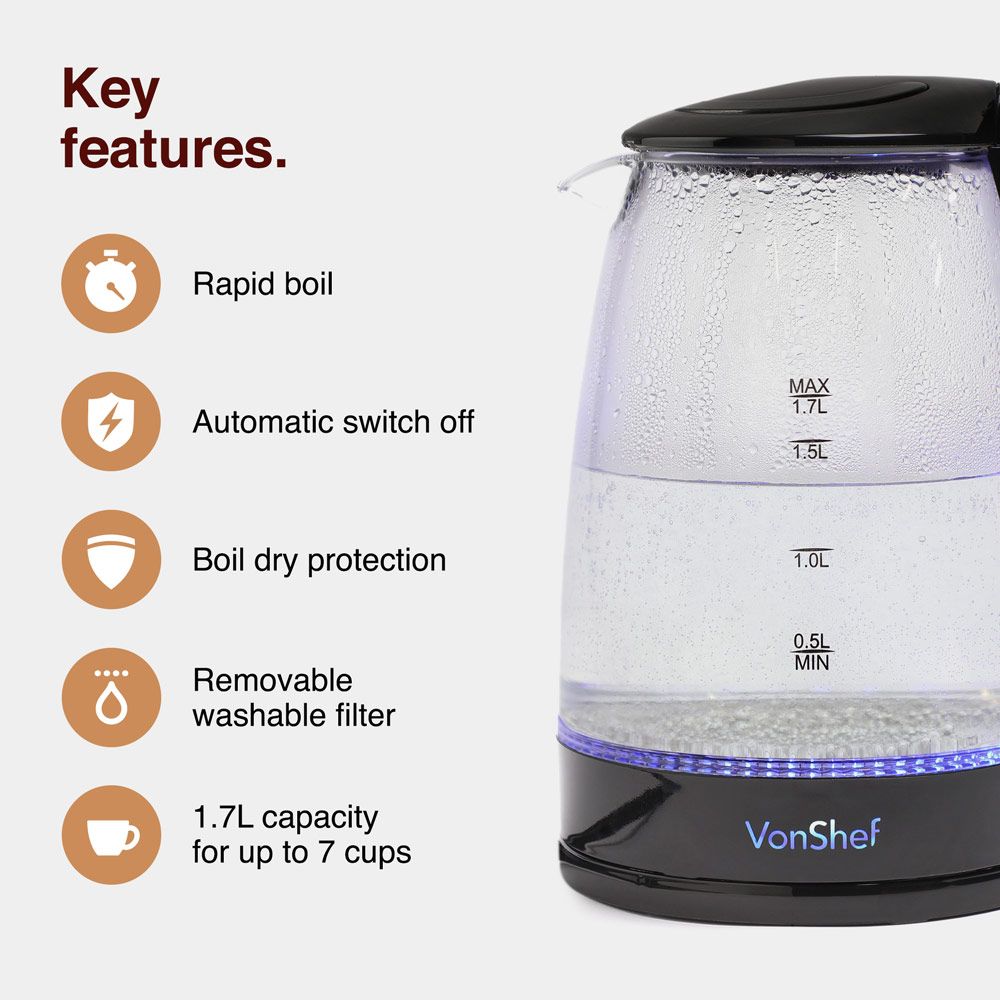VonShef 220 volt cordless Glass Kettle 2200 Watts 1.7 Liter Glass Kettle 2000154 220v 240 volts 50 hz - 220 - Electronics