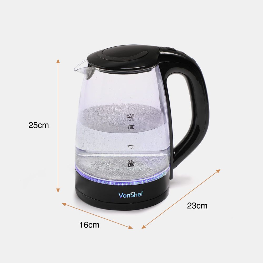 VonShef 220 volt cordless Glass Kettle 2200 Watts 1.7 Liter Glass Kettle 2000154 220v 240 volts 50 hz - 220 - Electronics