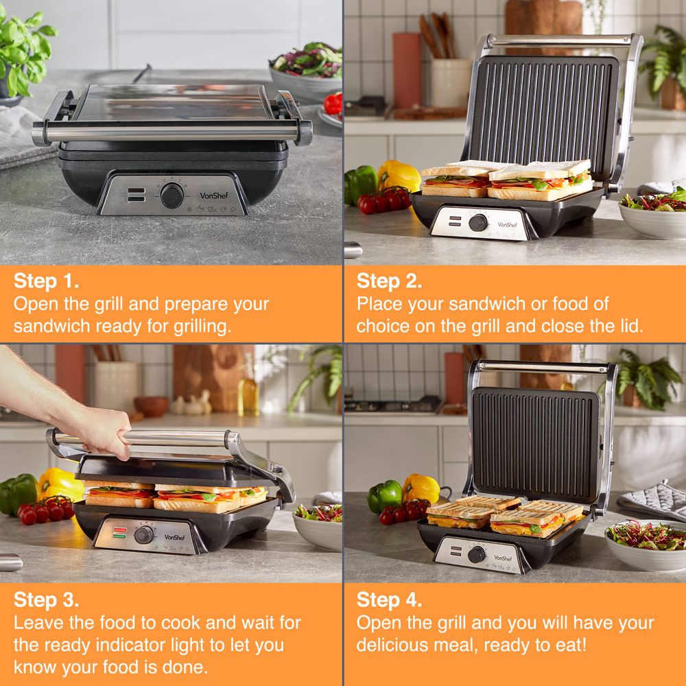 VonShef 220 volt Grill and Pannini Maker 4 Slice 1000 Watts 2000159 220v 240 volts 50 hz - 220 - Electronics