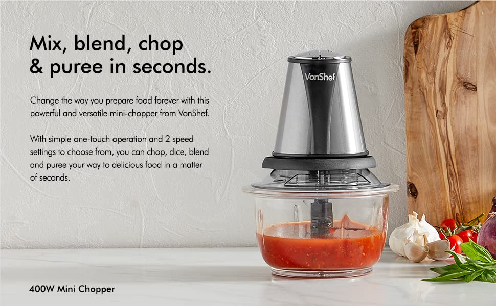 Vonshef 220 volt Mini Chopper 400 Watts 1.2 liter 5 - CUP Glass Bowl Chopper Blender 2000068 220v 240 volt 50 hz - 220 - Electronics