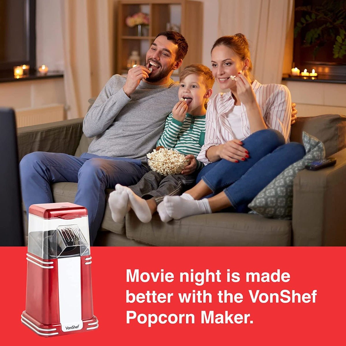 VonShef 220 volt Popcorn Machine 220v 240 volt Popcorn Maker with Hot Air Circulation one touch Fat Free, Healthy & Oil Free Snack with 6 Boxes - Red - 220 - Electronics