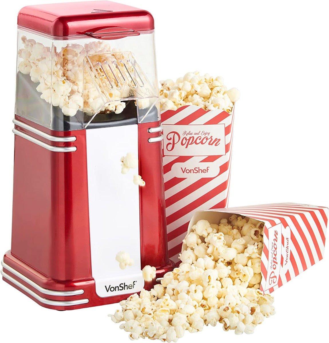 VonShef 220 volt Popcorn Machine 220v 240 volt Popcorn Maker with Hot Air Circulation one touch Fat Free, Healthy & Oil Free Snack with 6 Boxes - Red - 220 - Electronics