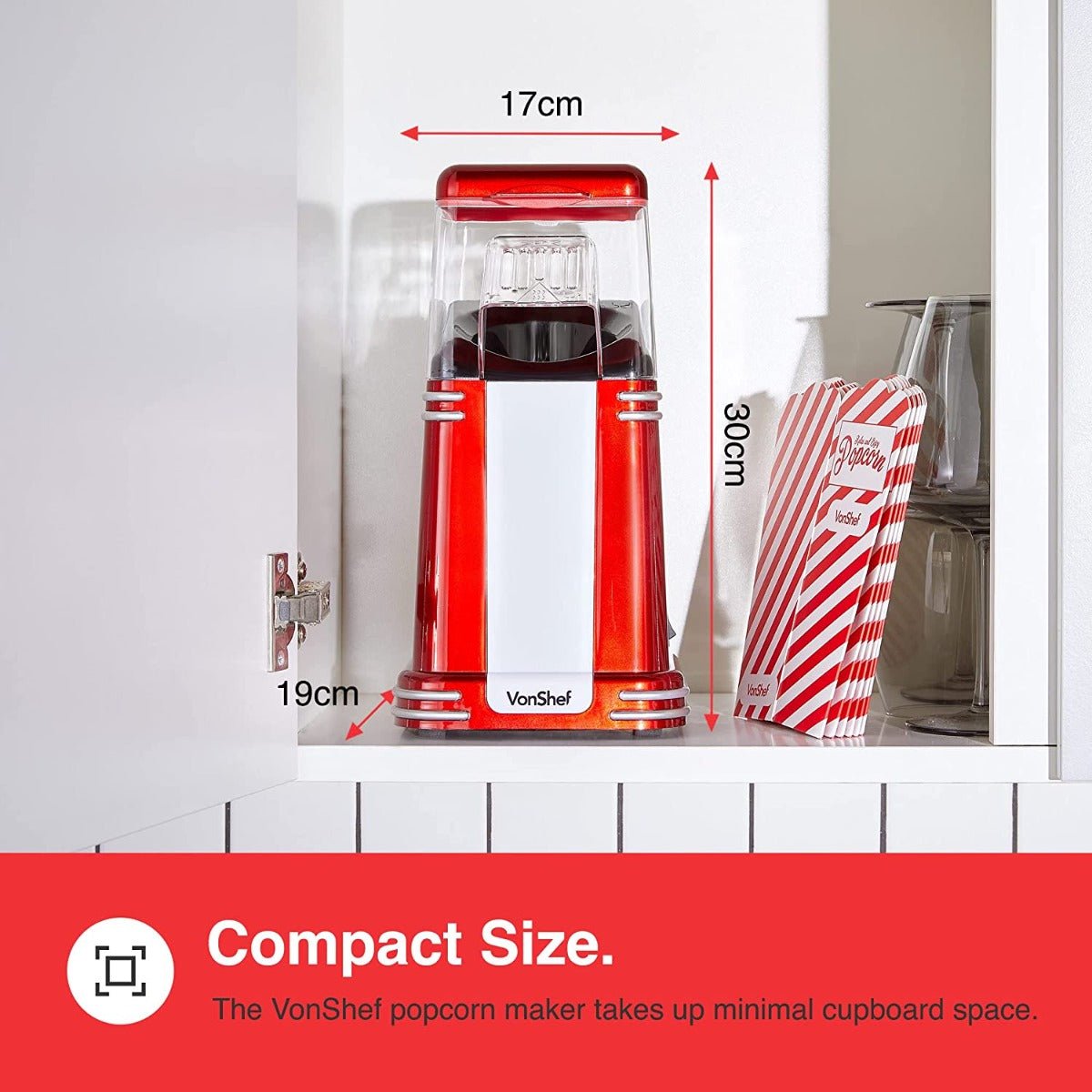 VonShef 220 volt Popcorn Machine 220v 240 volt Popcorn Maker with Hot Air Circulation one touch Fat Free, Healthy & Oil Free Snack with 6 Boxes - Red - 220 - Electronics