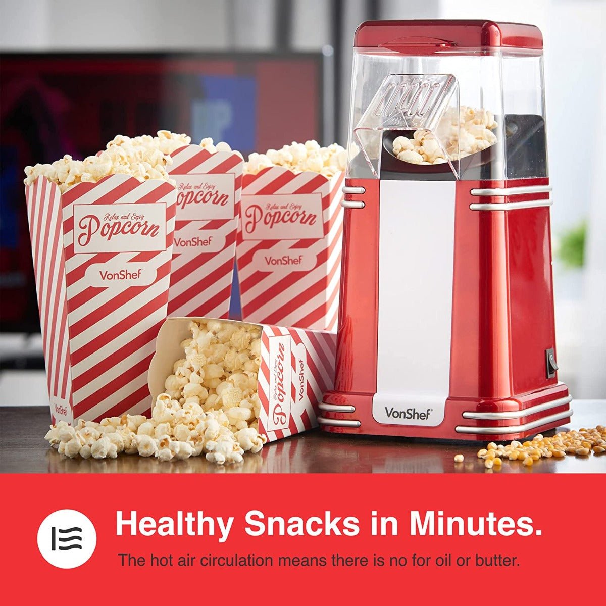 VonShef 220 volt Popcorn Machine 220v 240 volt Popcorn Maker with Hot Air Circulation one touch Fat Free, Healthy & Oil Free Snack with 6 Boxes - Red - 220 - Electronics