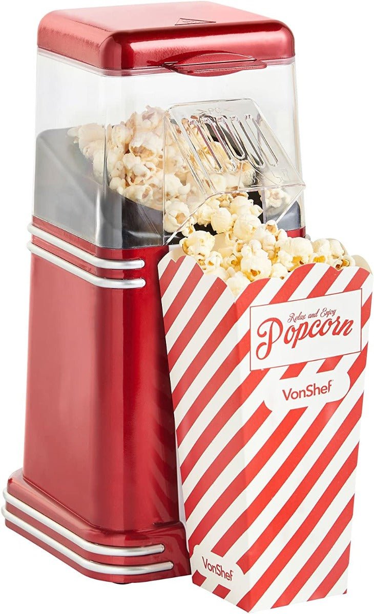 VonShef 220 volt Popcorn Machine 220v 240 volt Popcorn Maker with Hot Air Circulation one touch Fat Free, Healthy & Oil Free Snack with 6 Boxes - Red - 220 - Electronics