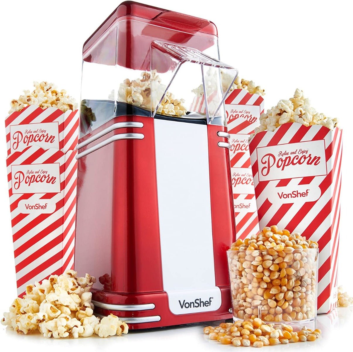 VonShef 220 volt Popcorn Machine 220v 240 volt Popcorn Maker with Hot Air Circulation one touch Fat Free, Healthy & Oil Free Snack with 6 Boxes - Red - 220 - Electronics
