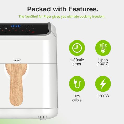VonShef 220 volts air fryer 5 Liter Large Family size rapid air LED display, dishwasher safe healthy oil - free and low fat cooking White modern look 220v 240 volt - 220 - Electronics