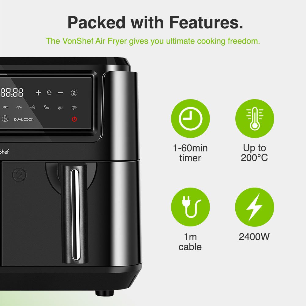 Vonshef 220 volts air fryer 9 liter with 2 trays and liners included 220v 240 volt air fryer large 2000224 - 220 - Electronics