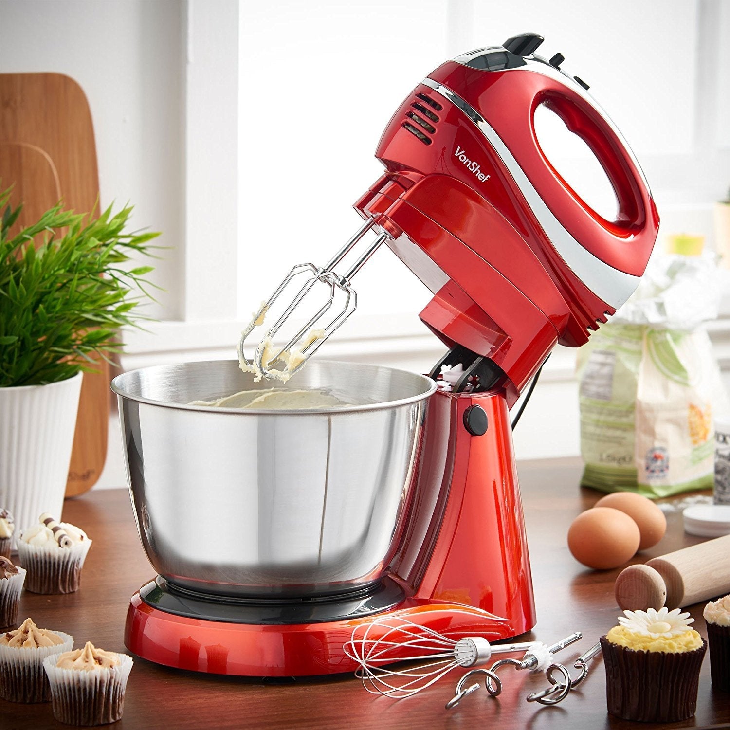 VonShef 220 volts hand stand mixer (2 in 1) for 220 240 Volt and 50hz | Red 13230 - 220 - Electronics