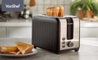 Vonshef 220 volts toaster 2 slice Wide Slot, 7 Browning Controls, Reheat & Defrost, Anti - Jam Function, Crumb Tray and Cord Storage - Black & Silver 220v 240 volts - 220 - Electronics