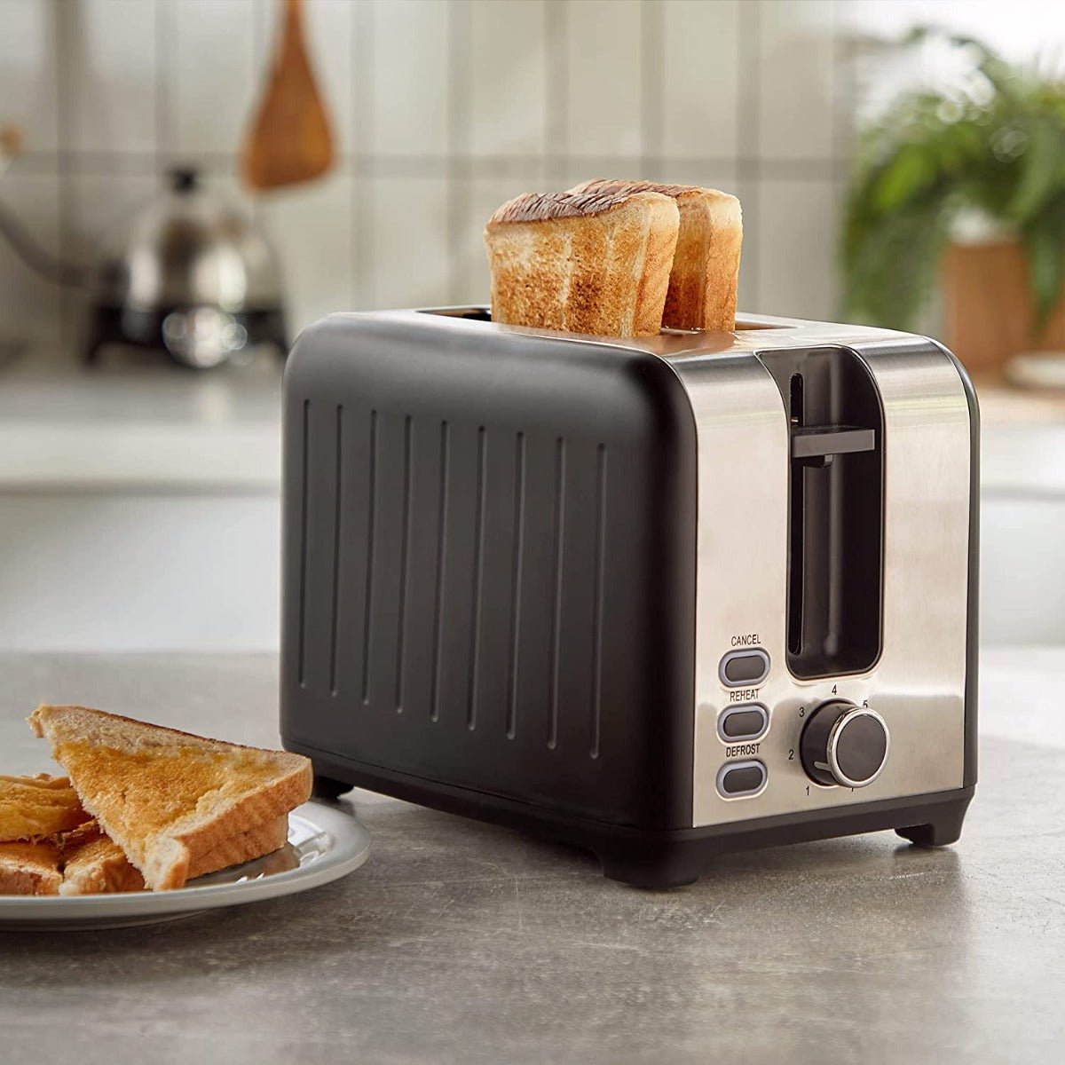 Vonshef 220 volts toaster 2 slice Wide Slot, 7 Browning Controls, Reheat & Defrost, Anti - Jam Function, Crumb Tray and Cord Storage - Black & Silver 220v 240 volts - 220 - Electronics