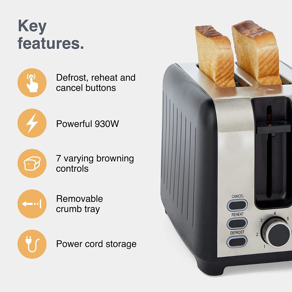 Vonshef 220 volts toaster 2 slice Wide Slot, 7 Browning Controls, Reheat & Defrost, Anti - Jam Function, Crumb Tray and Cord Storage - Black & Silver 220v 240 volts - 220 - Electronics