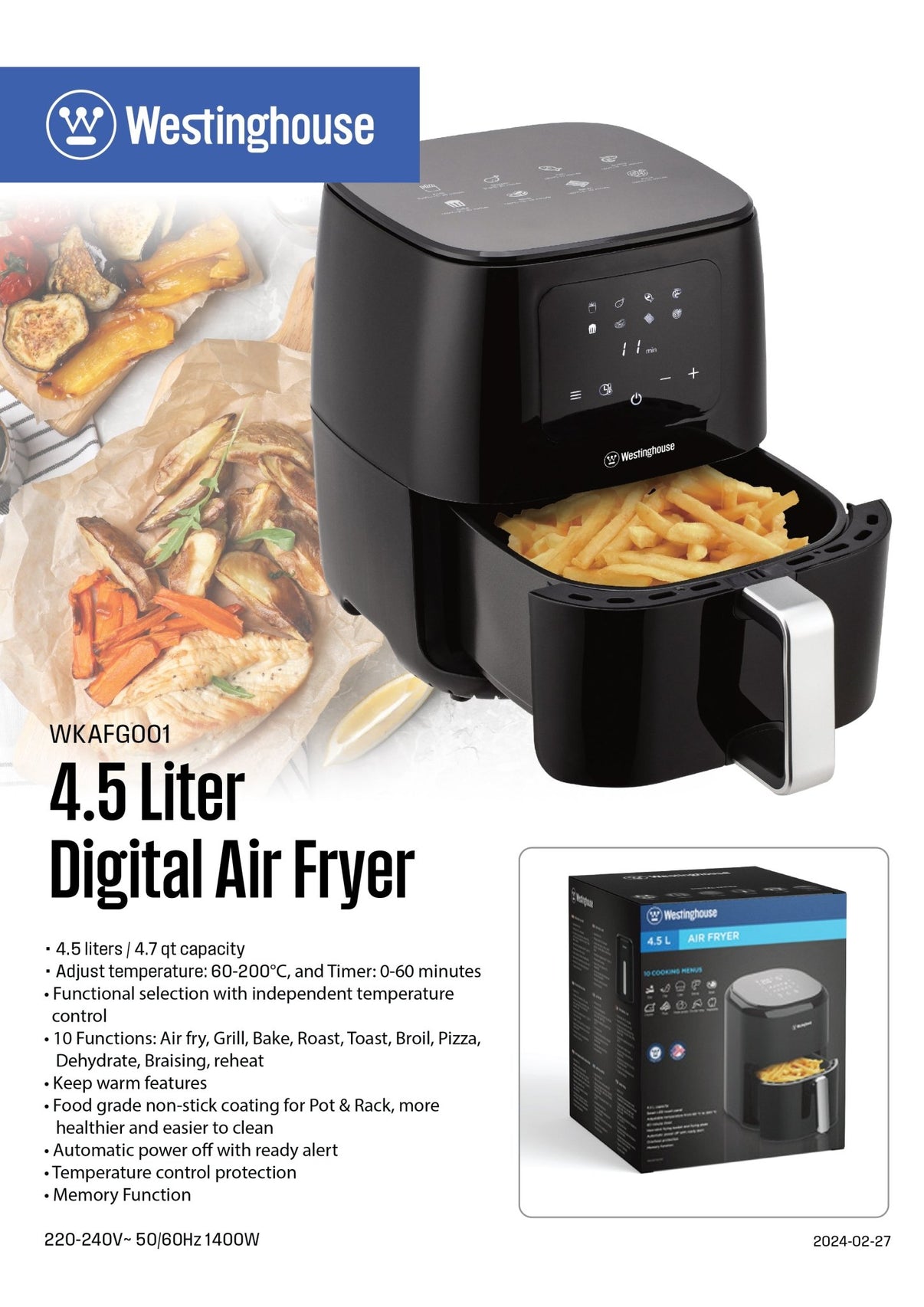 Westinghouse 220 volt air fryer Digital air fryer 220v 240 volt 4.5 liters WKAFGO01 - 220 - Electronics