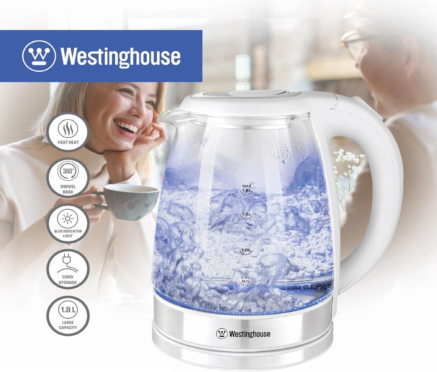 Westinghouse 220 volt glass kettle cordless 1.7 Liters 220v 240 volts - 220 - Electronics