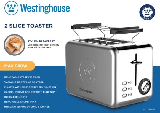 Westinghouse 220 Volt Toaster Stainless Steel 2 Slice Removable Warming Rack WKTTCB850SS - 220 - Electronics