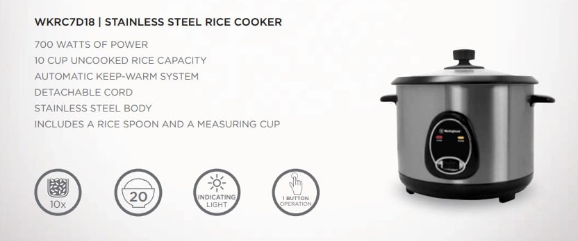 Westinghouse 220 volts 1.8L rice cooker steamer with Stainless Steel housing, non stick WKRC7D18 - 220 - Electronics
