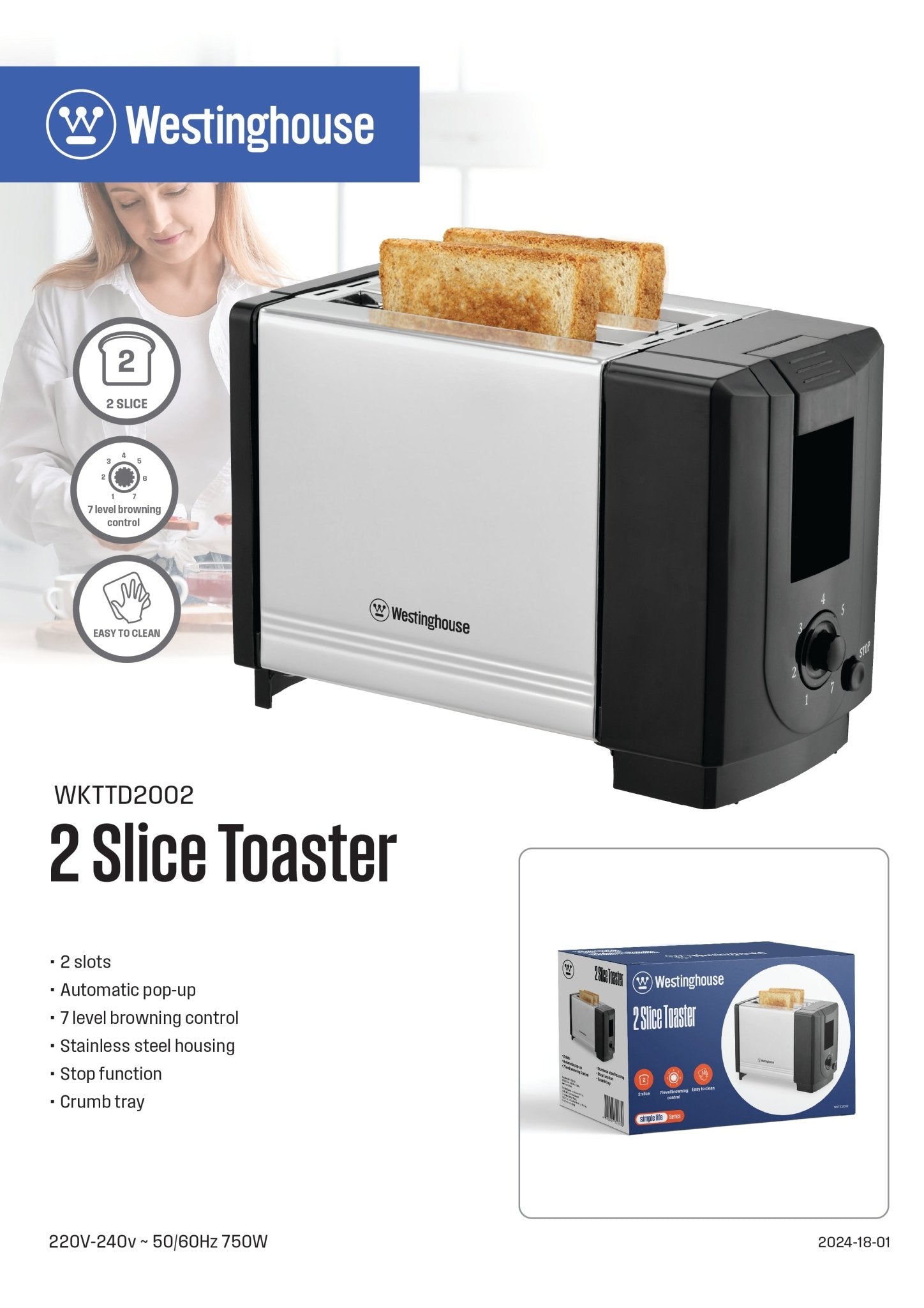 Westinghouse 220 volts 2 slice toaster WKTD2002 220v 240 volts Stainless steel toaster - 220 - Electronics