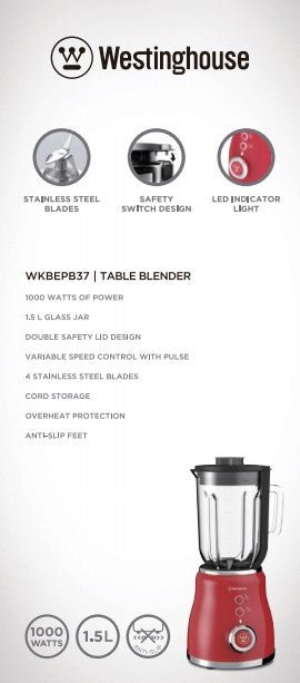 Westinghouse 220 volts Blender 1000 watts 2 Speed Glass Jar Stainless Steel 220v 240 volts WKBEPB37 - 220 - Electronics