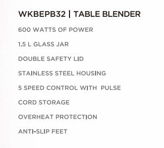 Westinghouse 220 volts Blender 600 watts 5 Speed Glass Jar Stainless Steel 220v 240 volts WKBEPB32 - 220 - Electronics
