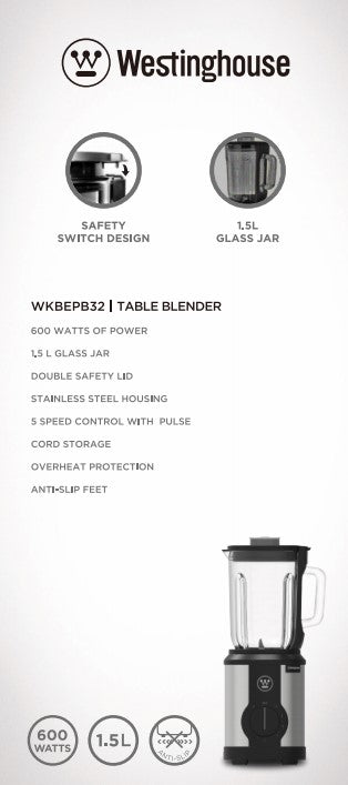 Westinghouse 220 volts Blender 600 watts 5 Speed Glass Jar Stainless Steel 220v 240 volts WKBEPB32 - 220 - Electronics