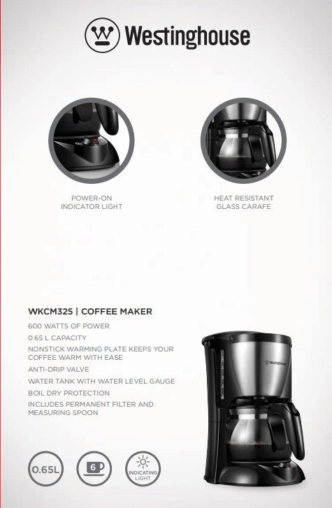 Westinghouse 220-volts Coffee Maker 4-6 cup with Permanent Filter and Hot  Plate WKCM325