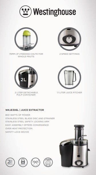 Westinghouse 220 volts Juice Extractor Juicer for Fruit & Vegetables 2 Liter 800 Watts 2 Speed 220v 240 volts WKJE306L - PM - 220 - Electronics