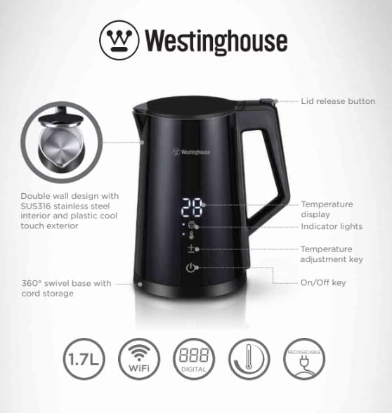 Westinghouse 220 volts Kettle Double Wall Variable Temperature kettle - Stainless steel interior and cool touch exterior 1.7 Liter 220v 240 volt model WKWK3815 9030 - 220 - Electronics